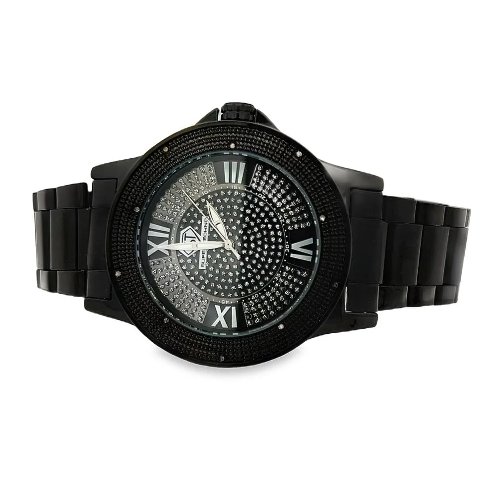 Roman Hours Black Super Techno .10cttw Real Diamond Watch Bling