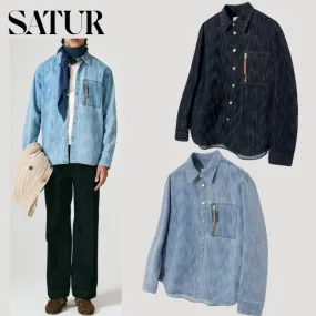 SATUR  |Unisex Denim Plain Logo Shirts