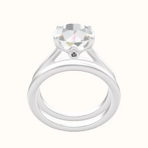 Split Cathedral Engagement Ring With Crown Four Prong w. Surprise Diamond Head and Matching Band