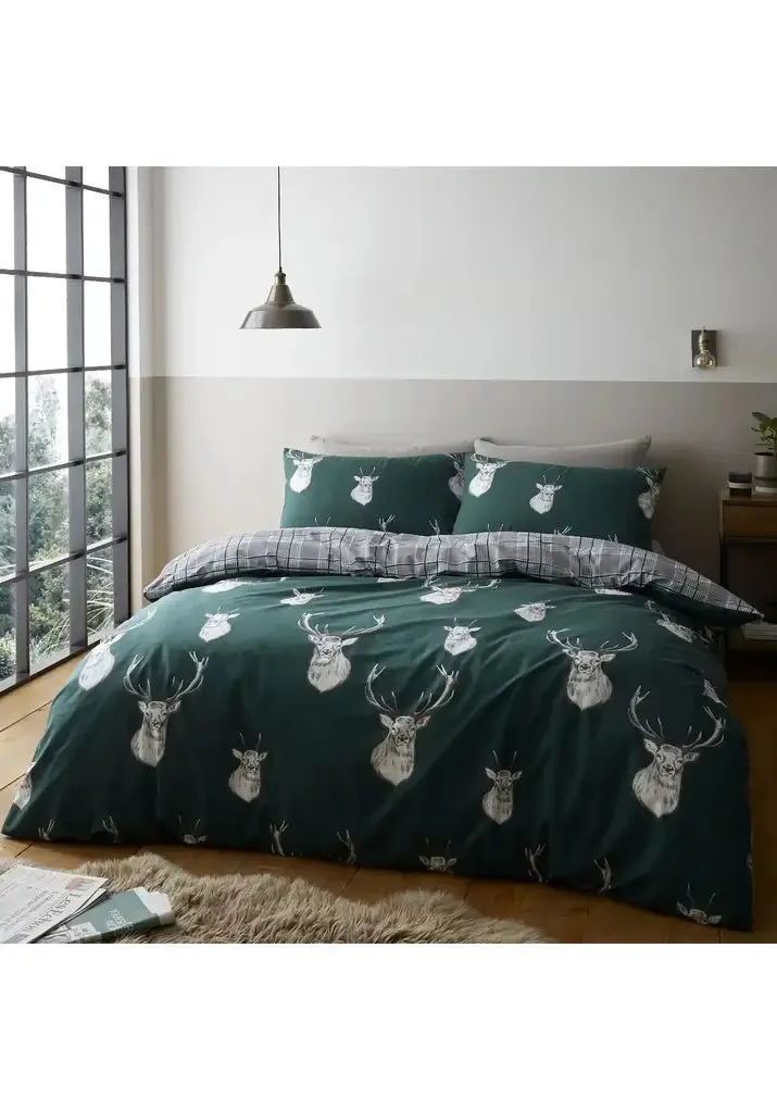 Stag Check Duvet Cover Set With Pillowcases - Green