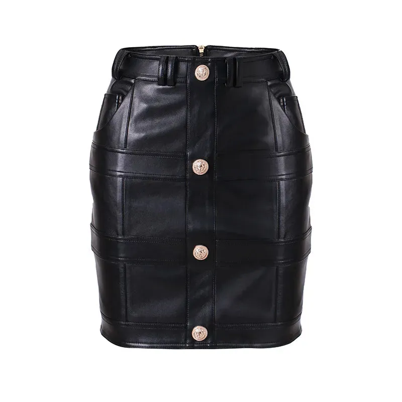 Summer Leather Pencil Silhouette Metal Zipper Mini Skirt for Women