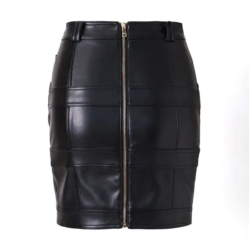 Summer Leather Pencil Silhouette Metal Zipper Mini Skirt for Women