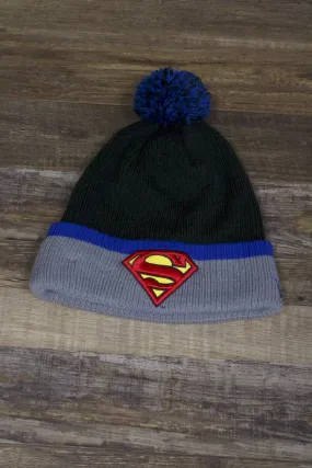 Superman Beanie | DC Comics x New Era Superman Black Raised Cuff Winter Pom Beanie