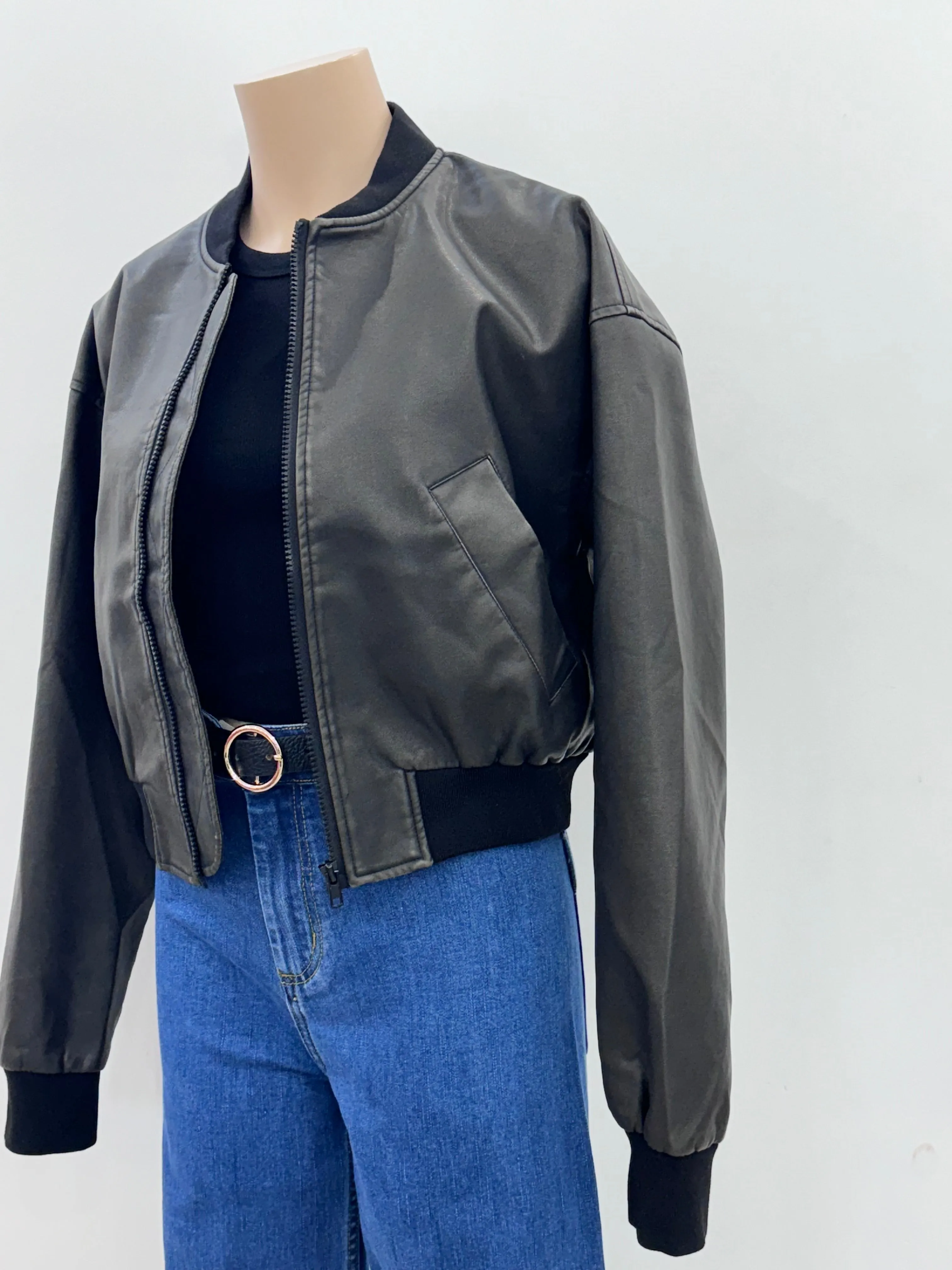 The Faux Leather Bomber Jacket - Vintage Black