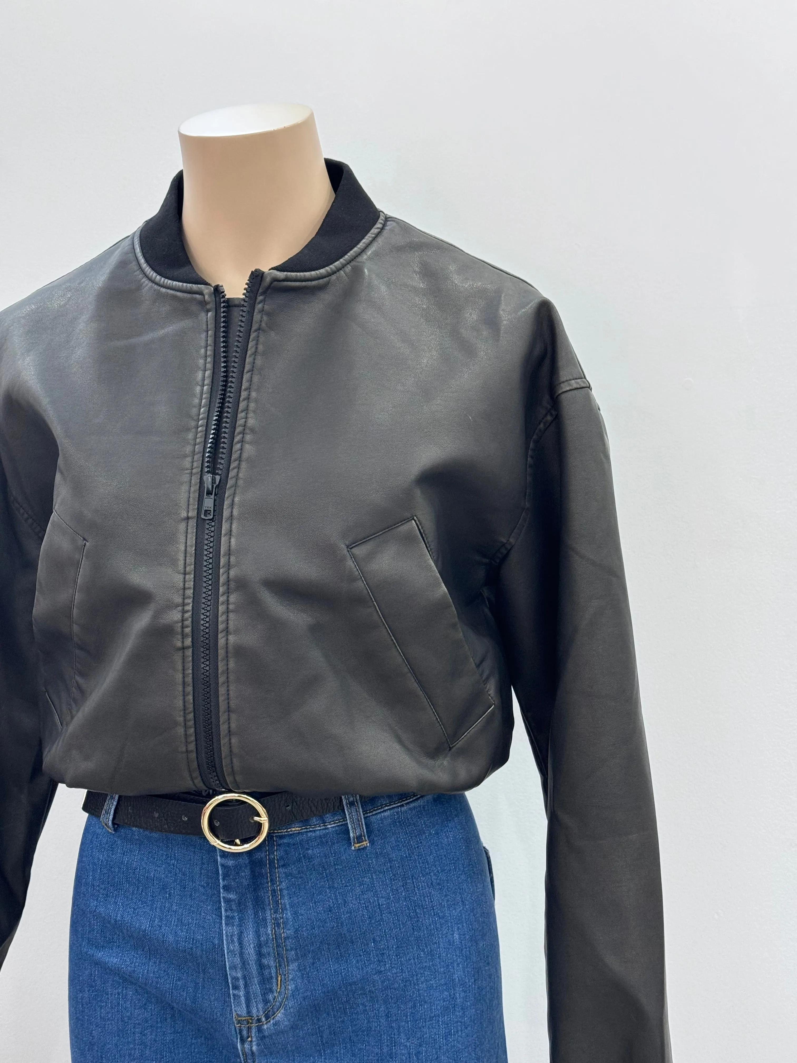 The Faux Leather Bomber Jacket - Vintage Black