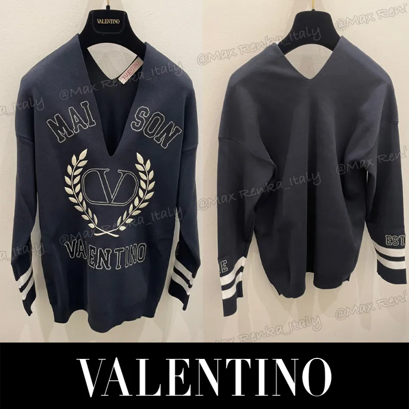 VALENTINO  |Casual Style V-Neck Long Sleeves Cotton Elegant Style Logo