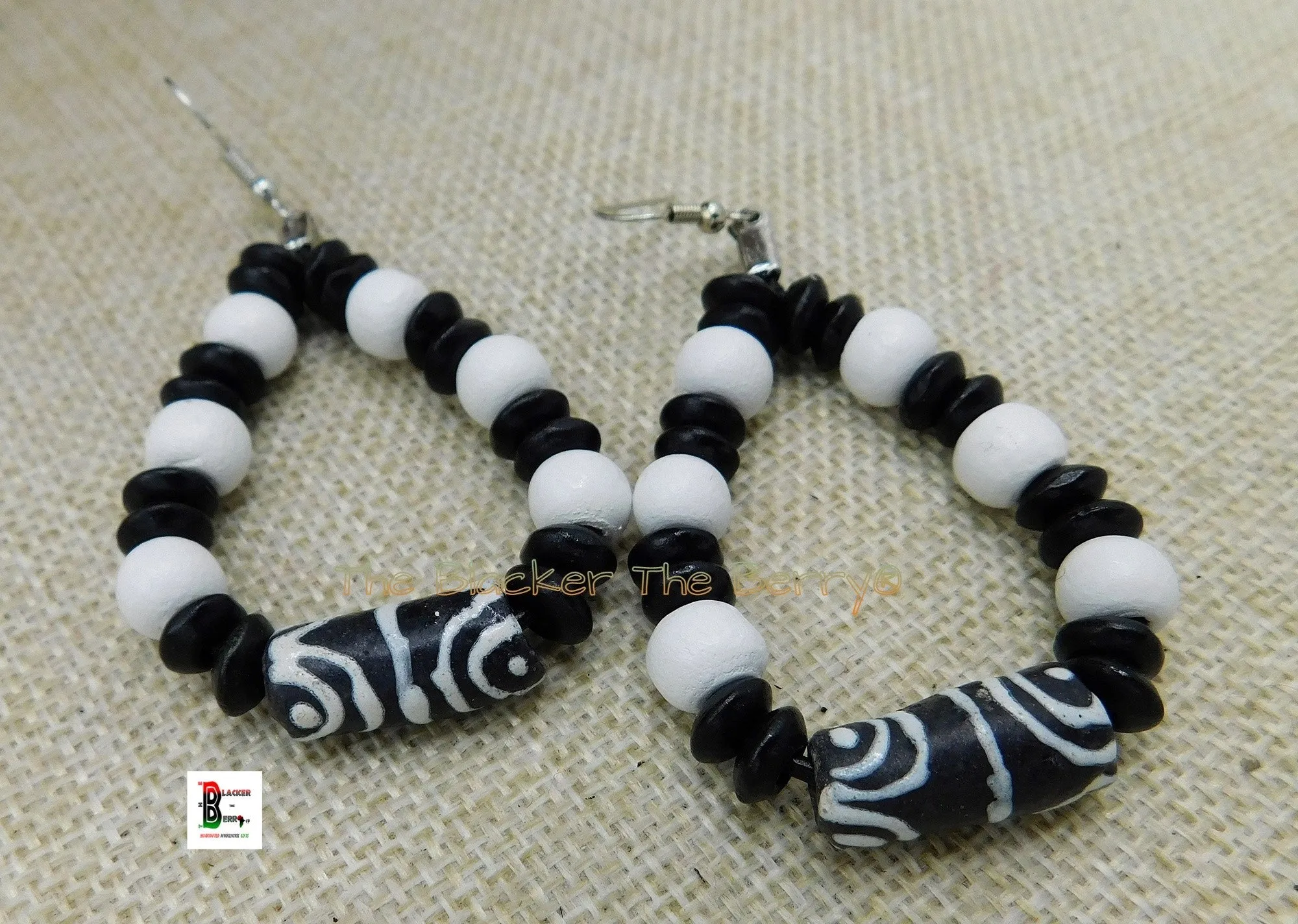 White and Black Earrings Leather Beaded Ethnic Jewelry African Black Owned