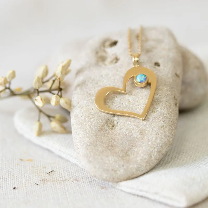 Yellow Gold Plated Heart Shape Pendant inlaid with Blue Opal