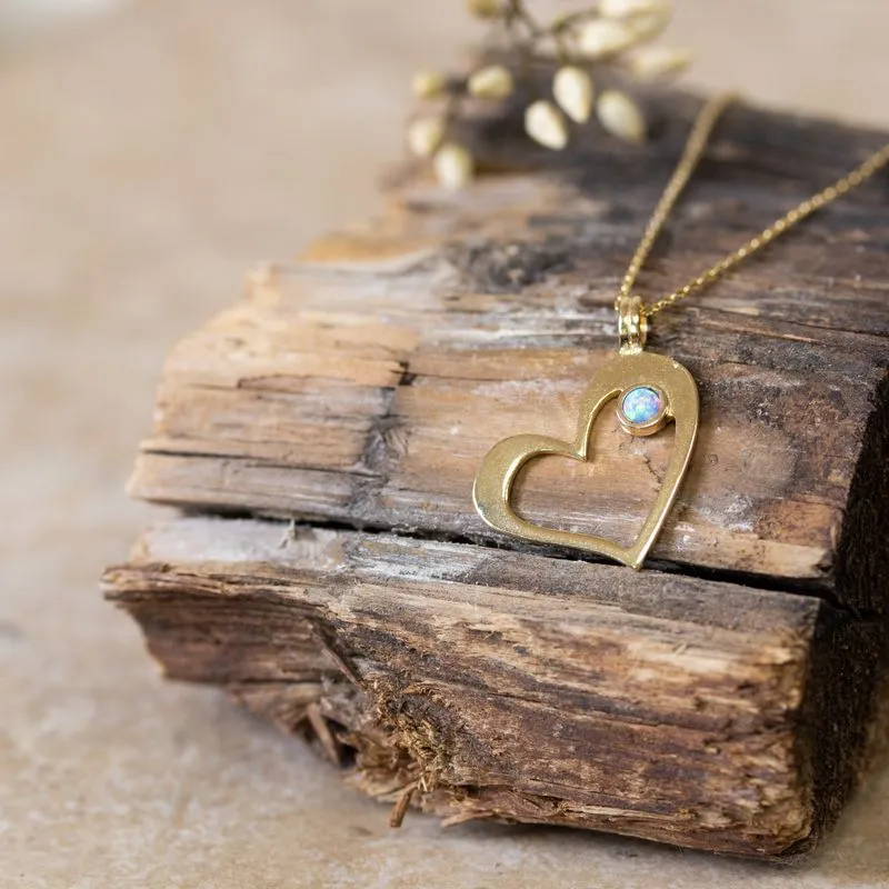 Yellow Gold Plated Heart Shape Pendant inlaid with Blue Opal