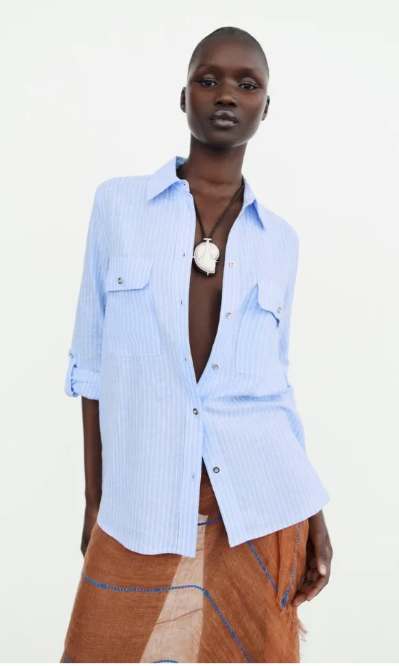 ZARA  |Stripes Casual Style Linen Cropped Shirts & Blouses