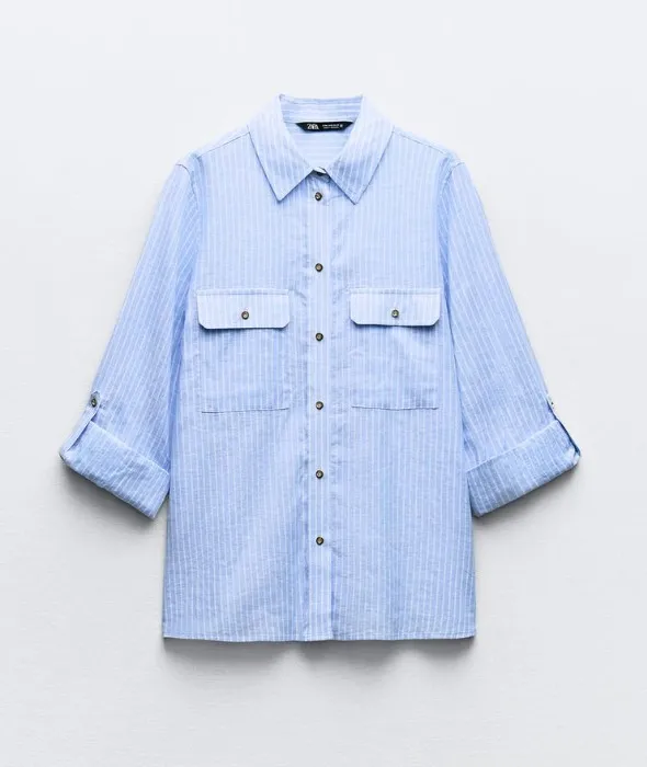 ZARA  |Stripes Casual Style Linen Cropped Shirts & Blouses